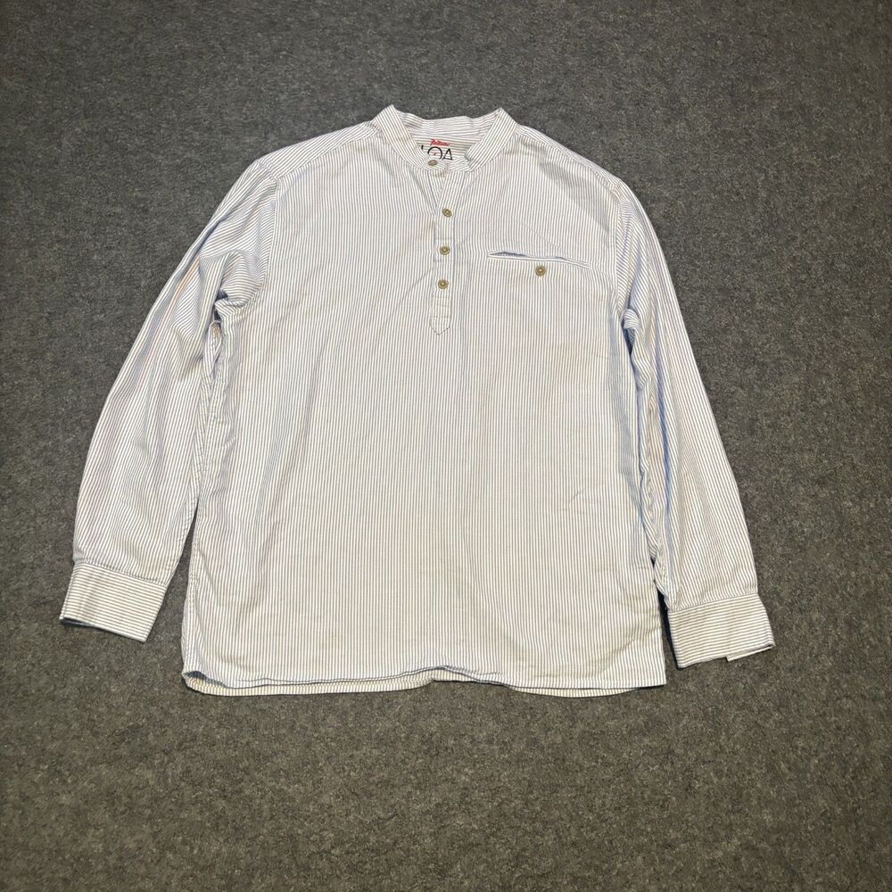 RailRiders Henley Shirt Mens Blue White Striped Banded Collar Pocket Med